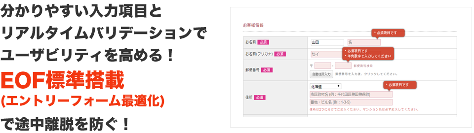 分かりやすい入力項目とリアルタイムバリデーションでユーザビリティを高める！
EOF標準搭載(エントリーフォーム最適化)で途中離脱を防ぐ！